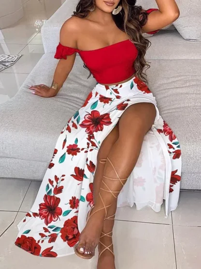 Off Shoulder Printed High Skirt Set