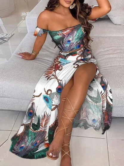 Off Shoulder Printed High Skirt Set - Image 3