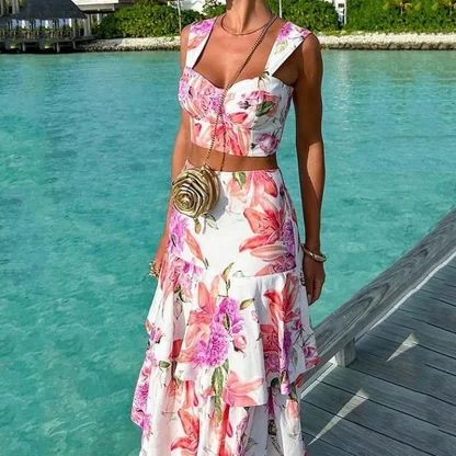 Floral Crop Top Tiered Skirt Set