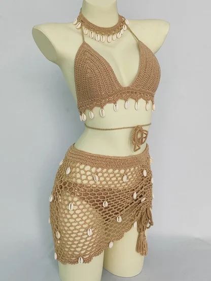 Crochet Shell Tassel Bikini Skirt Set