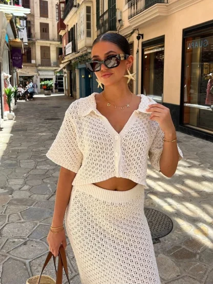 Short Sleeve Crop Top Skirt Set - Image 2