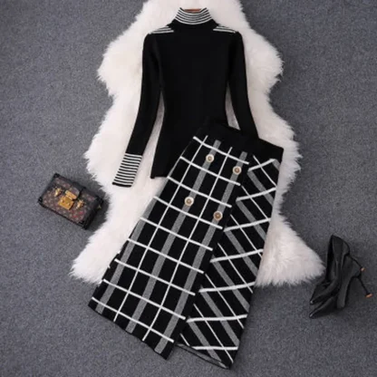 Winter High Neck Plaid Skirt Set