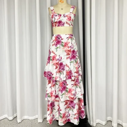 Floral Crop Top Tiered Skirt Set - Image 3