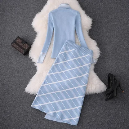 Winter High Neck Plaid Skirt Set - Image 3