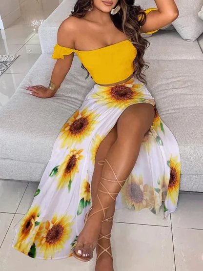 Off Shoulder Printed High Skirt Set - Image 5