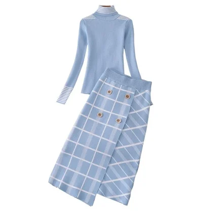 Winter High Neck Plaid Skirt Set - Image 2