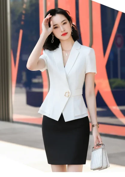 Elegant Short Sleeve Blazer Skirt Set - Image 5