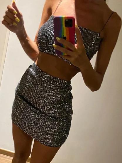 Sequined Square Collar Skirt Set - Image 2