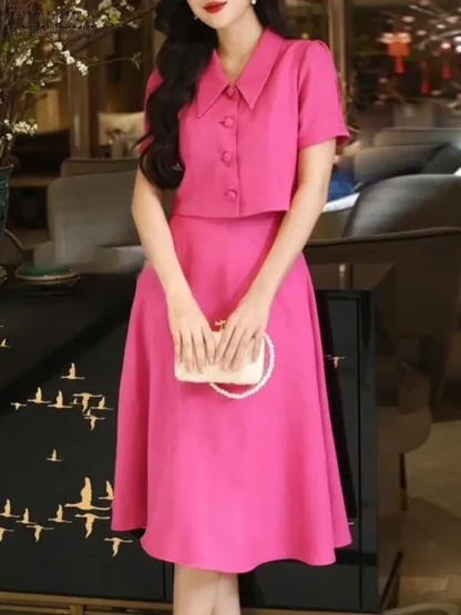 Vintage-Like Lapel Button Skirt Set