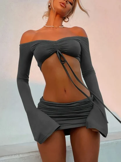 Long Sleeve Crop Micro Skirt Set - Image 6