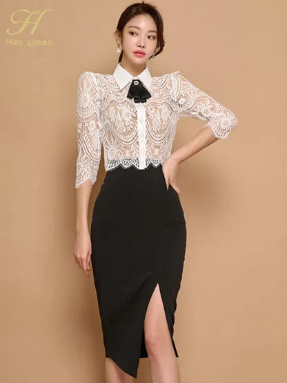 Bow Lace Top and Pencil Skirt Set - Image 3