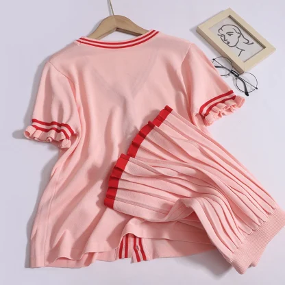 Sweet V-Neck and Mini Pleated Skirt Set - Image 6