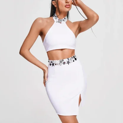 White Sequin Bandage Skirt Set