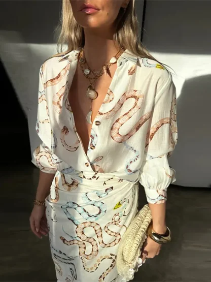 Button-Up V-Neck Long Sleeve Skirt Set - Image 4