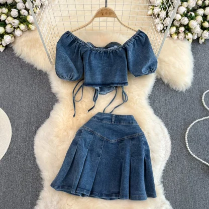 Denim Short Sleeve Top Mini Skirt Set - Image 6