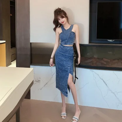 Denim Halter Top Split Skirt Set - Image 4
