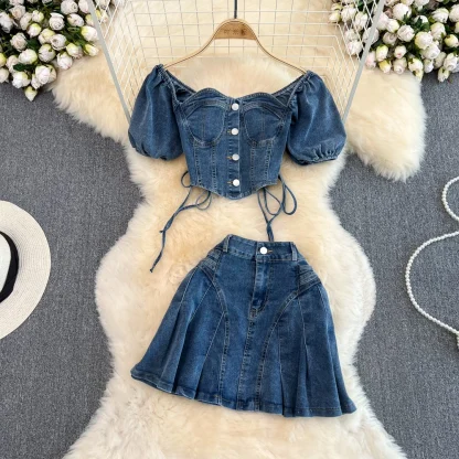 Denim Short Sleeve Top Mini Skirt Set