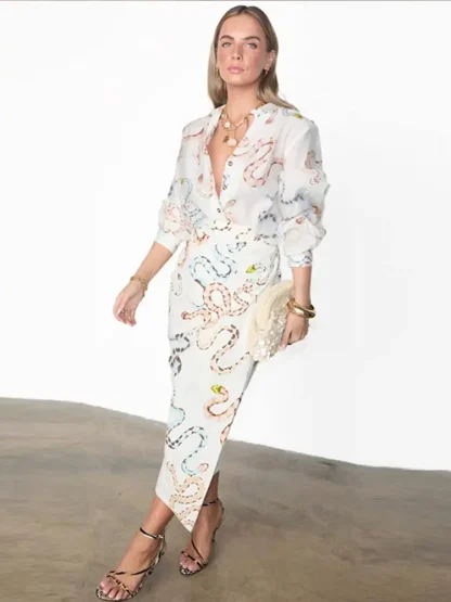 Button-Up V-Neck Long Sleeve Skirt Set - Image 5