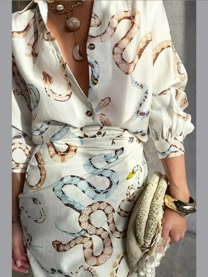 Button-Up V-Neck Long Sleeve Skirt Set - Image 3