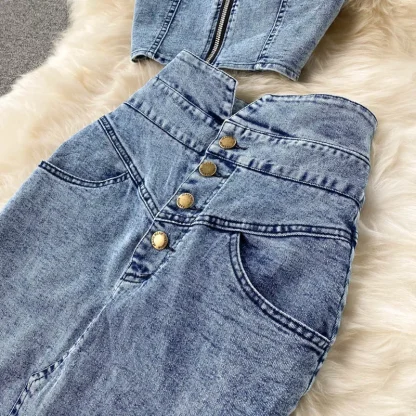 Button-Up High Waist Denim Skirt Set - Image 6