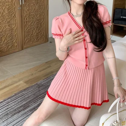 Sweet V-Neck and Mini Pleated Skirt Set