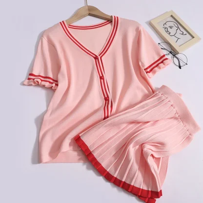 Sweet V-Neck and Mini Pleated Skirt Set - Image 2