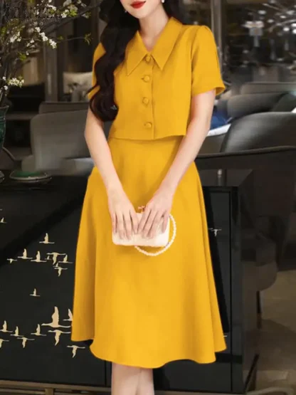 Vintage-Like Lapel Button Skirt Set - Image 2