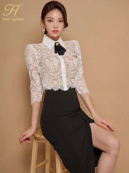 Bow Lace Top and Pencil Skirt Set - Image 6
