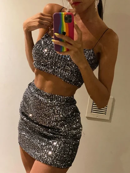 Sequined Square Collar Skirt Set - Image 5