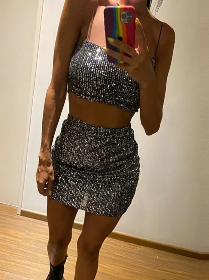 Sequined Square Collar Skirt Set - Image 3
