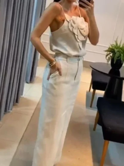 3D Flower Top Long Slit Skirt Set - Image 4