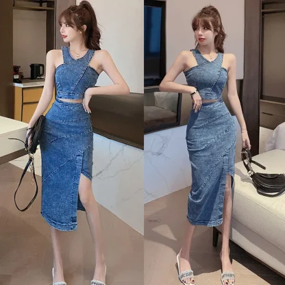 Denim Halter Top Split Skirt Set - Image 2