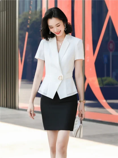 Elegant Short Sleeve Blazer Skirt Set - Image 4