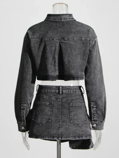 Black Denim Lapel Two-Piece Skirt Set - Image 2