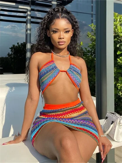 Striped Halter Top and Mini Skirt Set - Image 5