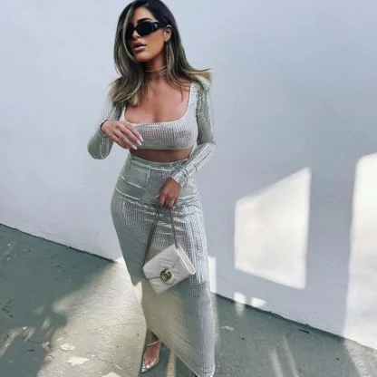 Long Sleeve Top with High Waist Skirt Set - Image 3