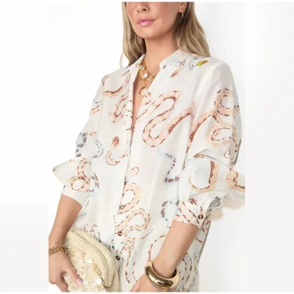Button-Up V-Neck Long Sleeve Skirt Set - Image 7