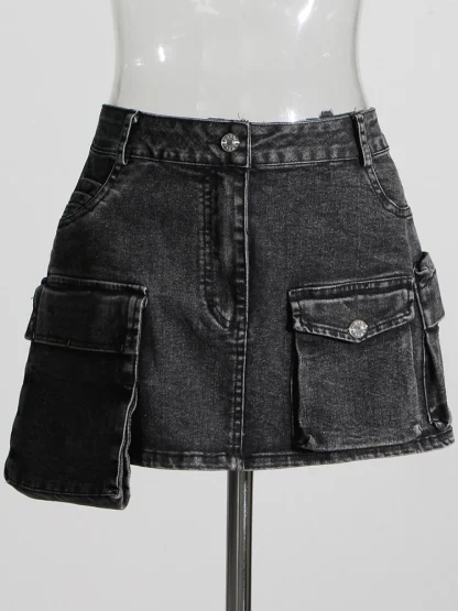 Black Denim Lapel Two-Piece Skirt Set - Image 4