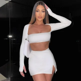 Solid Crop Top and Slit Skirt Set