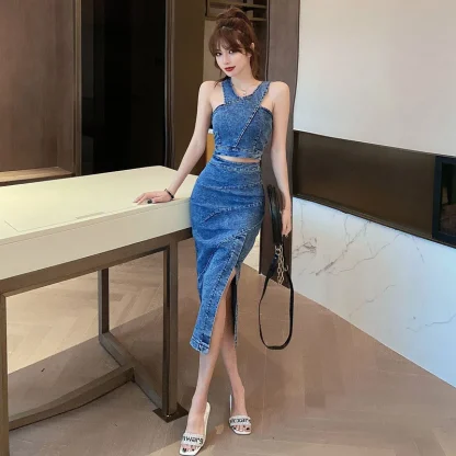 Denim Halter Top Split Skirt Set