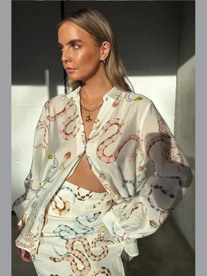Button-Up V-Neck Long Sleeve Skirt Set