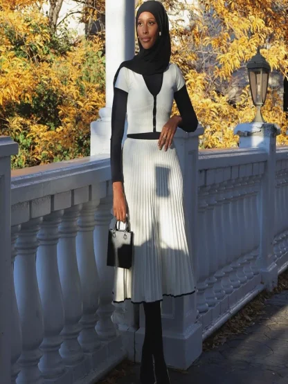 V-Neck Pleated Two Piece Skirt Set - Image 6