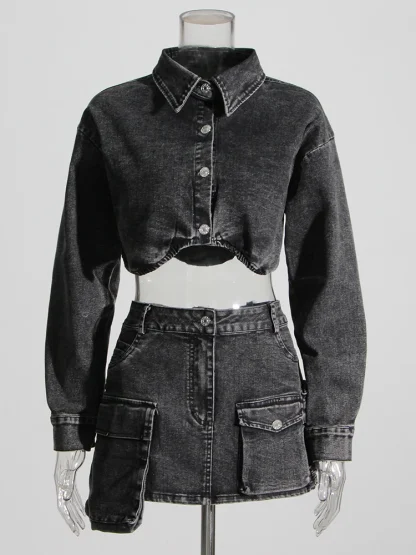 Black Denim Lapel Two-Piece Skirt Set