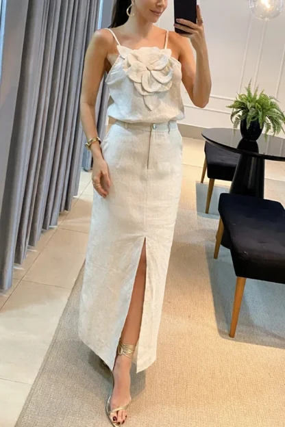 3D Flower Top Long Slit Skirt Set