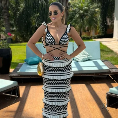 Boho Striped Knitted Beach Skirt Set - Image 3