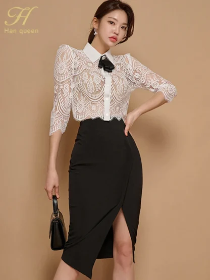 Bow Lace Top and Pencil Skirt Set - Image 2